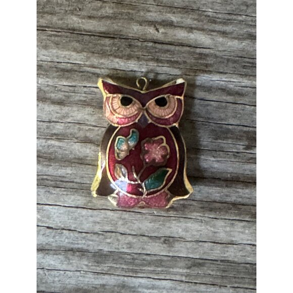 Vintage Cloisonné Owl Pendant Red Enamel & Gold Floral Design Double Sided - Picture 1 of 4